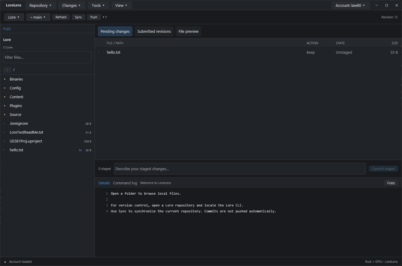 File browser and change details in the LoreLens desktop app